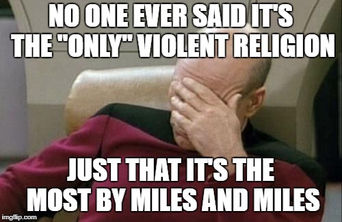 Captain Picard Facepalm Meme | NO ONE EVER SAID IT'S THE "ONLY" VIOLENT RELIGION JUST THAT IT'S THE MOST BY MILES AND MILES | image tagged in memes,captain picard facepalm | made w/ Imgflip meme maker