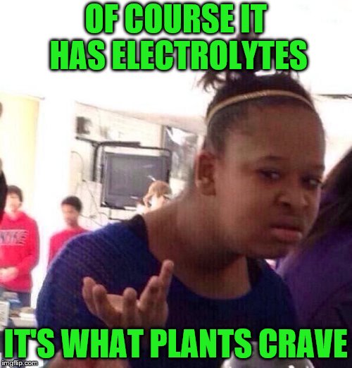 Black Girl Wat Meme | OF COURSE IT HAS ELECTROLYTES IT'S WHAT PLANTS CRAVE | image tagged in memes,black girl wat | made w/ Imgflip meme maker