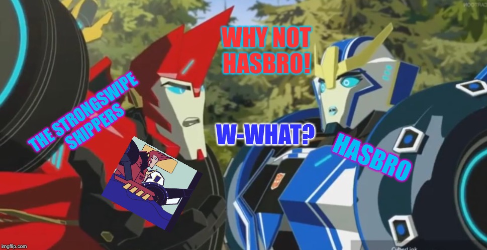 Why not Hasbro! | WHY NOT HASBRO! THE STRONGSWIPE SHIPPERS; W-WHAT? HASBRO | image tagged in transformers,rid,you need to respect strongswipe shippers other wise you better start running | made w/ Imgflip meme maker