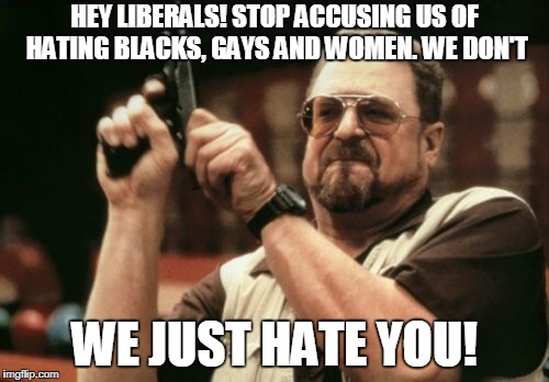 kiberals | HEY LIBERALS! STOP ACCUSING US OF HATING BLACKS, GAYS AND WOMEN. WE DON'T; WE JUST HATE YOU! | image tagged in memes,liberals,libtards,stupid liberals | made w/ Imgflip meme maker