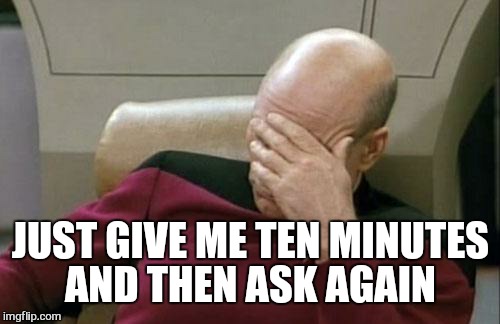 Captain Picard Facepalm Meme | JUST GIVE ME TEN MINUTES AND THEN ASK AGAIN | image tagged in memes,captain picard facepalm | made w/ Imgflip meme maker