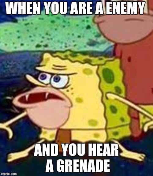 gaming meme | WHEN YOU ARE A ENEMY; AND YOU HEAR A GRENADE | image tagged in spongegar | made w/ Imgflip meme maker