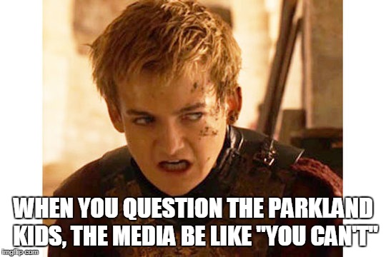 WHEN YOU QUESTION THE PARKLAND KIDS, THE MEDIA BE LIKE "YOU CAN'T" | image tagged in nra,secondamendment,davidhogg,joffrey | made w/ Imgflip meme maker