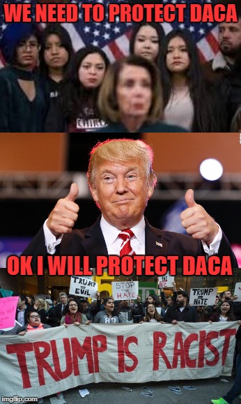 no matter what he does | WE NEED TO PROTECT DACA; OK I WILL PROTECT DACA | image tagged in daca,protest,leftists,trump2020,maga | made w/ Imgflip meme maker