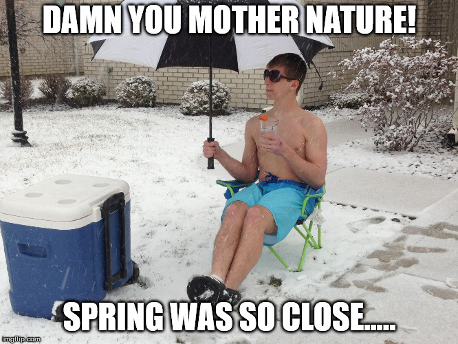 Snow Break | DAMN YOU MOTHER NATURE! SPRING WAS SO CLOSE..... | image tagged in snow break | made w/ Imgflip meme maker