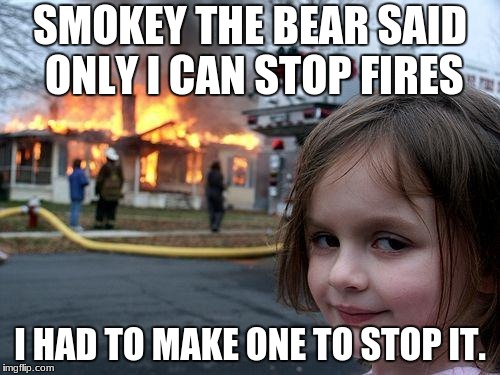 Disaster Girl | SMOKEY THE BEAR SAID ONLY I CAN STOP FIRES; I HAD TO MAKE ONE TO STOP IT. | image tagged in memes,disaster girl | made w/ Imgflip meme maker