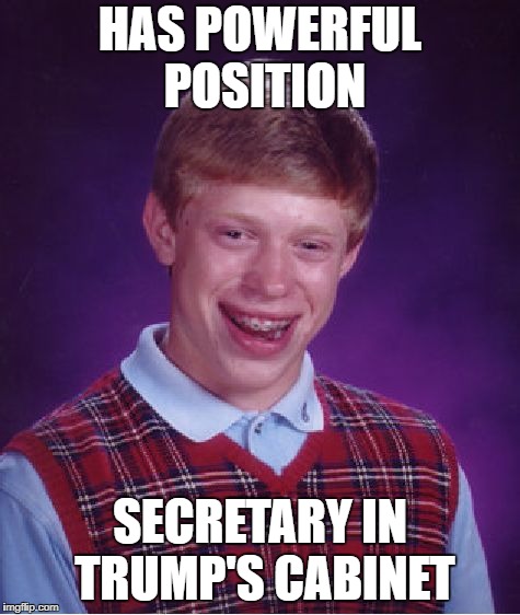 You're FIRED! | HAS POWERFUL POSITION; SECRETARY IN TRUMP'S CABINET | image tagged in memes,bad luck brian | made w/ Imgflip meme maker