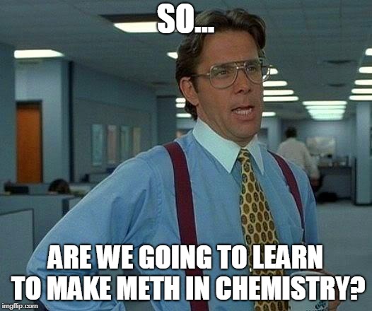 That Would Be Great Meme | SO... ARE WE GOING TO LEARN TO MAKE METH IN CHEMISTRY? | image tagged in memes,that would be great | made w/ Imgflip meme maker