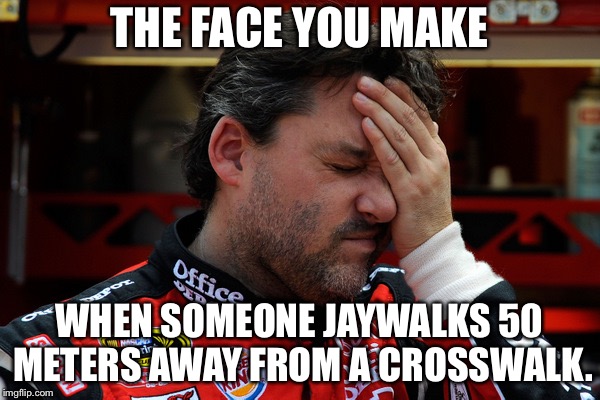 Damn jaywalkers | THE FACE YOU MAKE; WHEN SOMEONE JAYWALKS 50 METERS AWAY FROM A CROSSWALK. | image tagged in tony stewart frustrated,memes,stupid,walking dead,street,the face you make | made w/ Imgflip meme maker