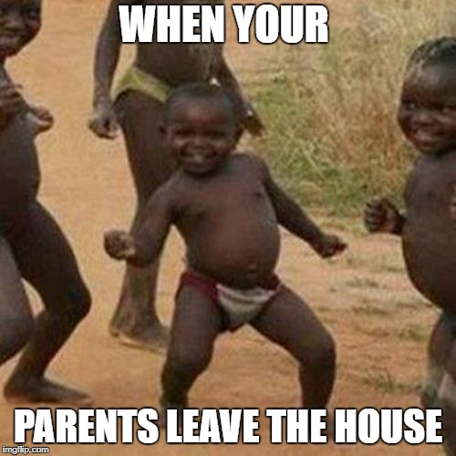 Third World Success Kid | WHEN YOUR; PARENTS LEAVE THE HOUSE | image tagged in memes,third world success kid | made w/ Imgflip meme maker