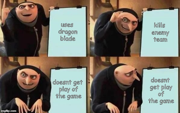 Gru's Plan Meme | uses dragon blade; kills enemy team; doesnt get play of the game; doesnt get play of the game | image tagged in gru's plan | made w/ Imgflip meme maker