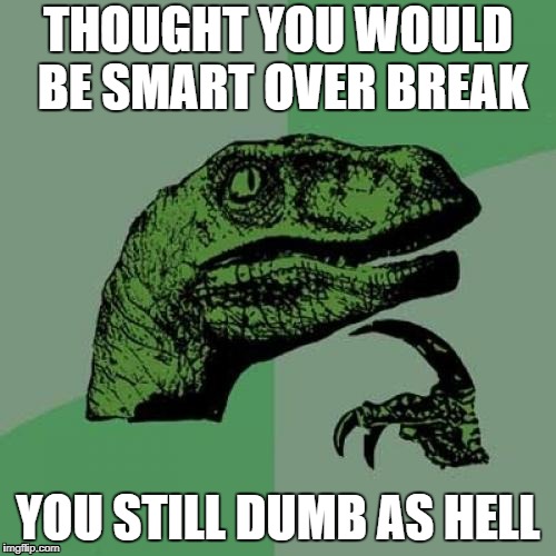 Philosoraptor | THOUGHT YOU WOULD BE SMART OVER BREAK; YOU STILL DUMB AS HELL | image tagged in memes,philosoraptor | made w/ Imgflip meme maker