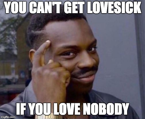 You can't get Lovesick... | YOU CAN'T GET LOVESICK; IF YOU LOVE NOBODY | image tagged in roll safe,lovesick,love,think about it,memes,funny | made w/ Imgflip meme maker