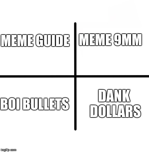 Blank Starter Pack Meme | MEME 9MM; MEME GUIDE; DANK DOLLARS; BOI BULLETS | image tagged in memes,blank starter pack | made w/ Imgflip meme maker