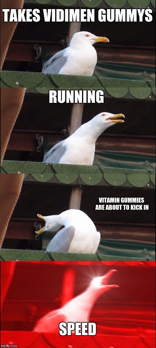 Inhaling Seagull |  TAKES VIDIMEN GUMMYS; RUNNING; VITAMIN GUMMIES ARE ABOUT TO KICK IN; SPEED | image tagged in memes,inhaling seagull | made w/ Imgflip meme maker