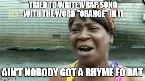 Ain't Nobody Got Time For That Meme | TRIED TO WRITE A RAP SONG WITH THE WORD "ORANGE" IN IT; AIN'T NOBODY GOT A RHYME FO DAT | image tagged in memes,aint nobody got time for that | made w/ Imgflip meme maker