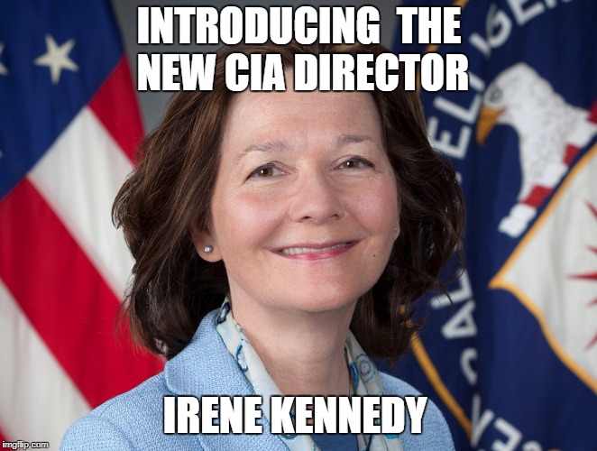 Now we just need to find Mitch Rap | INTRODUCING 
THE NEW CIA DIRECTOR; IRENE KENNEDY | image tagged in cia vinceflyn irenekennedy mitchrap gina haspel | made w/ Imgflip meme maker