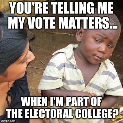 Third World Skeptical Kid Meme | YOU'RE TELLING ME MY VOTE MATTERS... WHEN I'M PART OF THE ELECTORAL COLLEGE? | image tagged in memes,third world skeptical kid | made w/ Imgflip meme maker