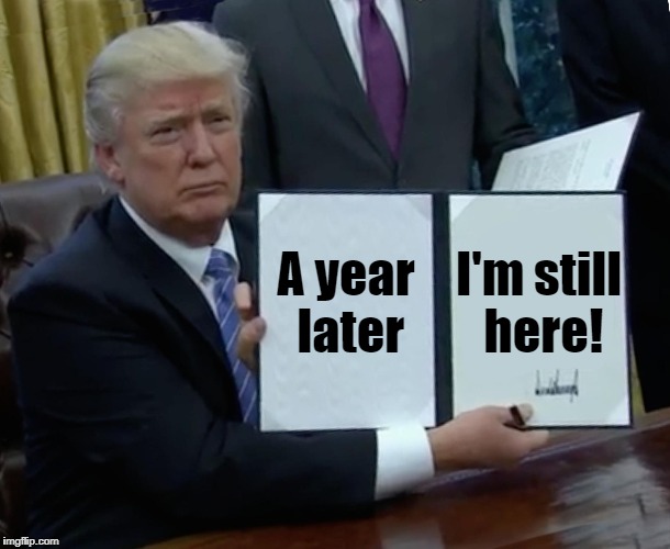 It's a good time to be a U.S. Republican! | I'm still here! A year later | image tagged in memes,trump bill signing | made w/ Imgflip meme maker