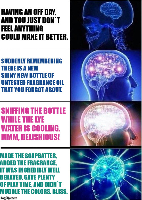 Expanding Brain Meme | HAVING AN OFF DAY, AND YOU JUST DON`T FEEL ANYTHING COULD MAKE IT BETTER. SUDDENLY REMEMBERING THERE IS A NEW SHINY NEW BOTTLE OF UNTESTED FRAGRANCE OIL THAT YOU FORGOT ABOUT. SNIFFING THE BOTTLE WHILE THE LYE WATER IS COOLING. MMM, DELISHIOUS! MADE THE SOAPBATTER, ADDED THE FRAGRANCE, IT WAS INCREDIBLY WELL BEHAVED, GAVE PLENTY OF PLAY TIME, AND DIDN`T MUDDLE THE COLORS.
BLISS. | made w/ Imgflip meme maker