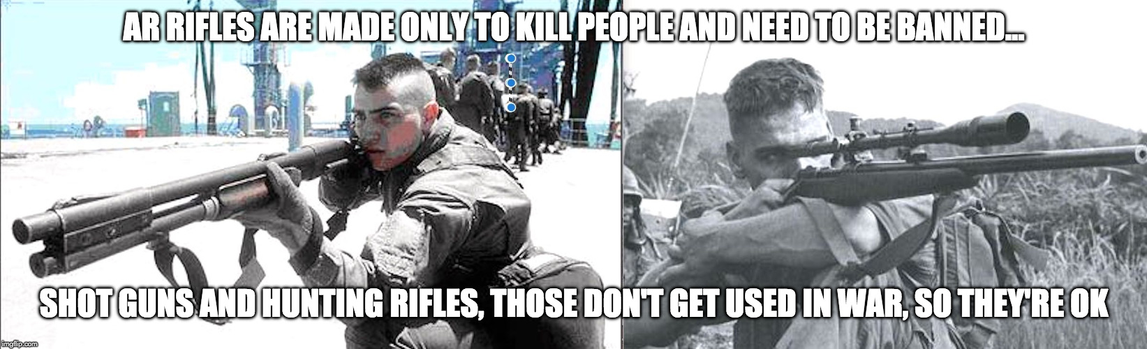 AR rifles for plebs | AR RIFLES ARE MADE ONLY TO KILL PEOPLE AND NEED TO BE BANNED... SHOT GUNS AND HUNTING RIFLES, THOSE DON'T GET USED IN WAR, SO THEY'RE OK | image tagged in guns | made w/ Imgflip meme maker