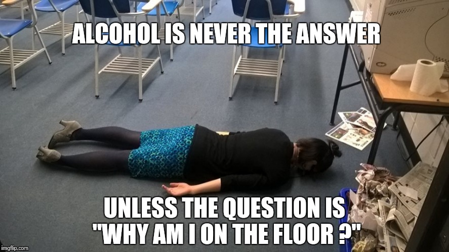 Please make it stop | ALCOHOL IS NEVER THE ANSWER UNLESS THE QUESTION IS "WHY AM I ON THE FLOOR ?" | image tagged in please make it stop | made w/ Imgflip meme maker