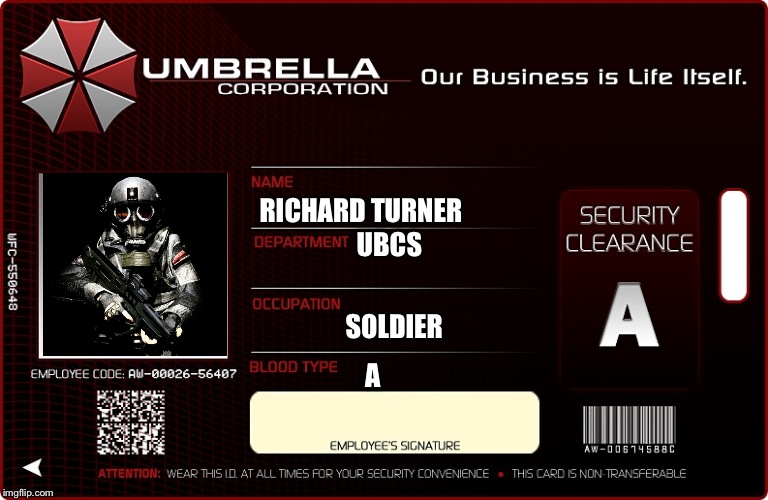  RICHARD TURNER; UBCS; SOLDIER; A | image tagged in umbrella corp ubcs soldier id | made w/ Imgflip meme maker