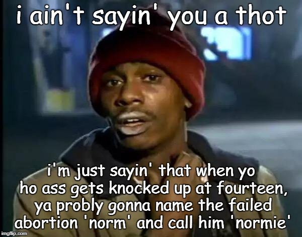 Y'all Got Any More Of That Meme | i ain't sayin' you a thot; i'm just sayin' that when yo ho ass gets knocked up at fourteen, ya probly gonna name the failed abortion 'norm' and call him 'normie' | image tagged in memes,y'all got any more of that | made w/ Imgflip meme maker