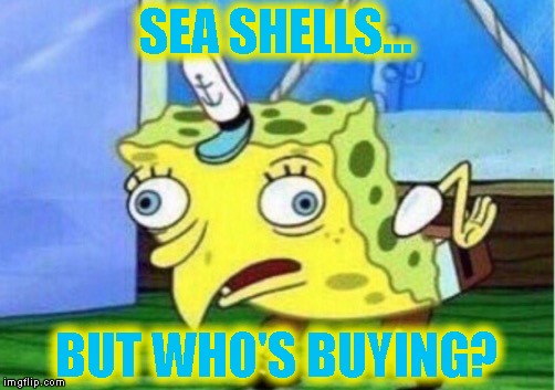 Mocking Spongebob Meme | SEA SHELLS... BUT WHO'S BUYING? | image tagged in memes,mocking spongebob | made w/ Imgflip meme maker