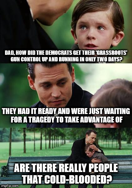 Finding Neverland Meme | DAD, HOW DID THE DEMOCRATS GET THEIR 'GRASSROOTS' GUN CONTROL UP AND RUNNING IN ONLY TWO DAYS? THEY HAD IT READY AND WERE JUST WAITING FOR A TRAGEDY TO TAKE ADVANTAGE OF; ARE THERE REALLY PEOPLE THAT COLD-BLOODED? | image tagged in memes,finding neverland | made w/ Imgflip meme maker