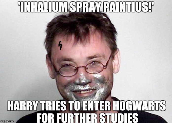 Daniel Radcliffe falls on hard times after the Potter movies | 'INHALIUM SPRAY PAINTIUS!'; HARRY TRIES TO ENTER HOGWARTS FOR FURTHER STUDIES | image tagged in harry potter,daniel radcliffe,spray,paint,funny,memes | made w/ Imgflip meme maker
