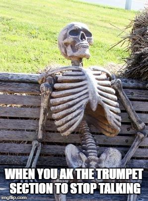 Waiting Skeleton Meme | WHEN YOU AK THE TRUMPET SECTION TO STOP TALKING | image tagged in memes,waiting skeleton | made w/ Imgflip meme maker