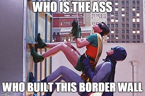 Batman Climbs Wall | WHO IS THE ASS; WHO BUILT THIS BORDER WALL | image tagged in batman and robin,trump wall,donald trump,donald trump the clown | made w/ Imgflip meme maker