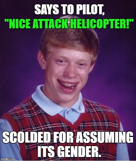 Bad Luck Brian Meme | SAYS TO PILOT, "NICE ATTACK HELICOPTER!"; SCOLDED FOR ASSUMING ITS GENDER. | image tagged in memes,bad luck brian,first world problems,sad,bad luck,funny | made w/ Imgflip meme maker