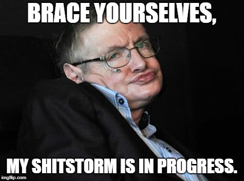 stephen hawking duck face | BRACE YOURSELVES, MY SHITSTORM IS IN PROGRESS. | image tagged in stephen hawking duck face | made w/ Imgflip meme maker