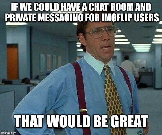 Just A Suggestion For Imgflip | IF WE COULD HAVE A CHAT ROOM AND PRIVATE MESSAGING FOR IMGFLIP USERS; THAT WOULD BE GREAT | image tagged in memes,that would be great,imgflip,group chats,chat,imgflip users | made w/ Imgflip meme maker