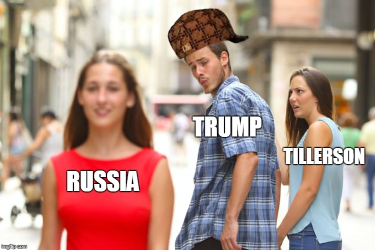 Russia love in | TRUMP; TILLERSON; RUSSIA | image tagged in memes,distracted boyfriend,scumbag,trump,rex tillerson,russia | made w/ Imgflip meme maker