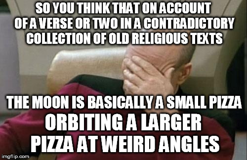 Captain Picard Facepalm Meme | SO YOU THINK THAT ON ACCOUNT OF A VERSE OR TWO IN A CONTRADICTORY COLLECTION OF OLD RELIGIOUS TEXTS ORBITING A LARGER PIZZA AT WEIRD ANGLES  | image tagged in memes,captain picard facepalm | made w/ Imgflip meme maker