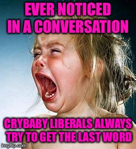 crybaby | EVER NOTICED IN A CONVERSATION; CRYBABY LIBERALS ALWAYS TRY TO GET THE LAST WORD | image tagged in crybaby | made w/ Imgflip meme maker