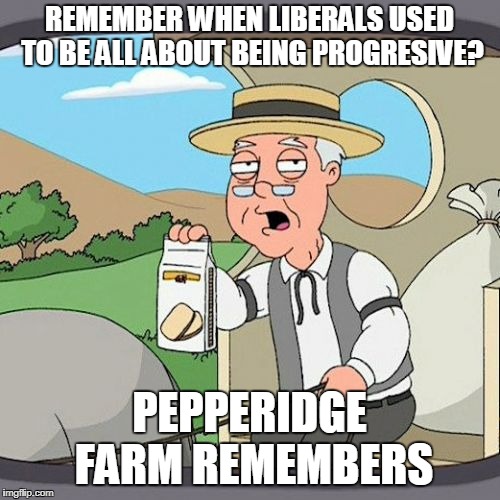 Pepperidge Farm Remembers Meme | REMEMBER WHEN LIBERALS USED TO BE ALL ABOUT BEING PROGRESIVE? PEPPERIDGE FARM REMEMBERS | image tagged in memes,pepperidge farm remembers | made w/ Imgflip meme maker