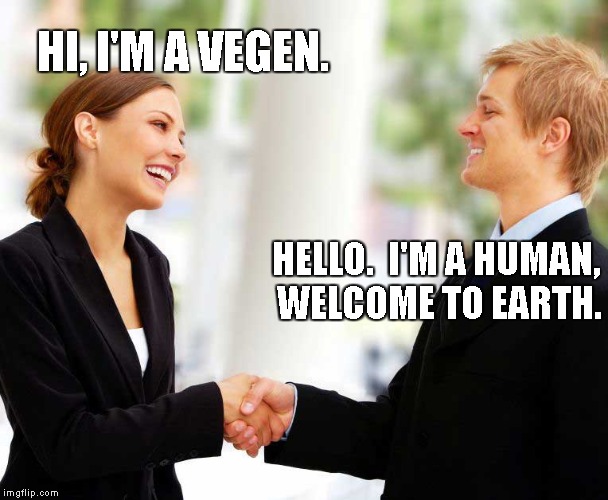First contact! | HI, I'M A VEGEN. HELLO.  I'M A HUMAN, WELCOME TO EARTH. | image tagged in handshake,vegen,human,alien,meeting | made w/ Imgflip meme maker