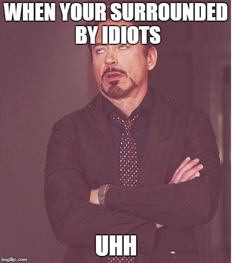 Face You Make Robert Downey Jr Meme | WHEN YOUR SURROUNDED BY IDIOTS; UHH | image tagged in memes,face you make robert downey jr | made w/ Imgflip meme maker