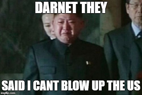 Kim Jong Un Sad | DARNET THEY; SAID I CANT BLOW UP THE US | image tagged in memes,kim jong un sad | made w/ Imgflip meme maker