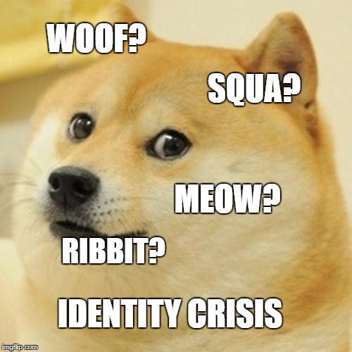 Doge | WOOF? SQUA? MEOW? RIBBIT? IDENTITY CRISIS | image tagged in memes,doge | made w/ Imgflip meme maker