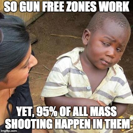 Third World Skeptical Kid Meme | SO GUN FREE ZONES WORK; YET, 95% OF ALL MASS SHOOTING HAPPEN IN THEM | image tagged in memes,third world skeptical kid | made w/ Imgflip meme maker
