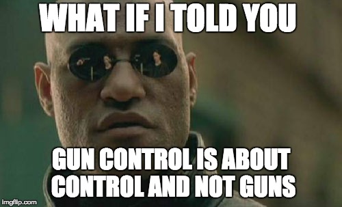 Matrix Morpheus Meme | WHAT IF I TOLD YOU; GUN CONTROL IS ABOUT CONTROL AND NOT GUNS | image tagged in memes,matrix morpheus | made w/ Imgflip meme maker