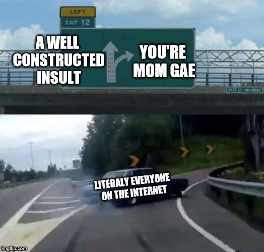 If you read this, you're mom gae | YOU'RE MOM GAE; A WELL CONSTRUCTED INSULT; LITERALY EVERYONE ON THE INTERNET | image tagged in memes,left exit 12 off ramp,ur mom gay | made w/ Imgflip meme maker