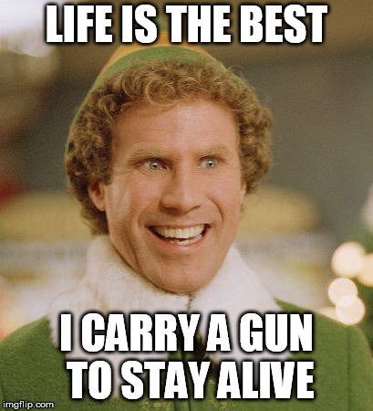 Buddy The Elf Meme | LIFE IS THE BEST; I CARRY A GUN TO STAY ALIVE | image tagged in memes,buddy the elf | made w/ Imgflip meme maker