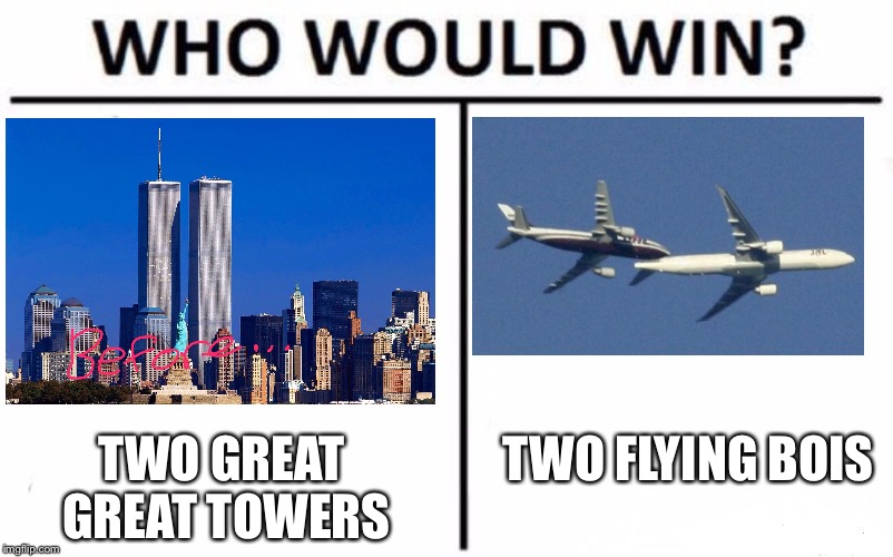 Who Would Win? Meme | TWO FLYING BOIS; TWO GREAT GREAT TOWERS | image tagged in memes,who would win | made w/ Imgflip meme maker