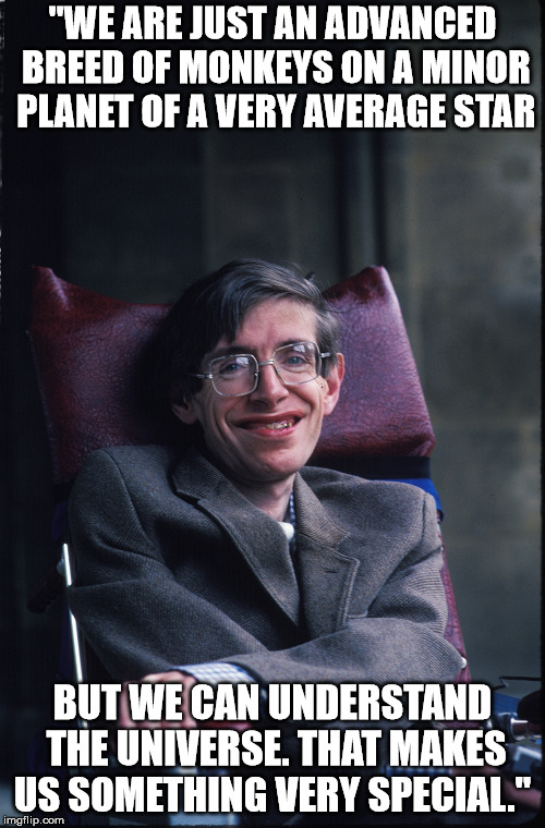 "WE ARE JUST AN ADVANCED BREED OF MONKEYS ON A MINOR PLANET OF A VERY AVERAGE STAR; BUT WE CAN UNDERSTAND THE UNIVERSE. THAT MAKES US SOMETHING VERY SPECIAL." | image tagged in stephen hawking,universe,monkey | made w/ Imgflip meme maker